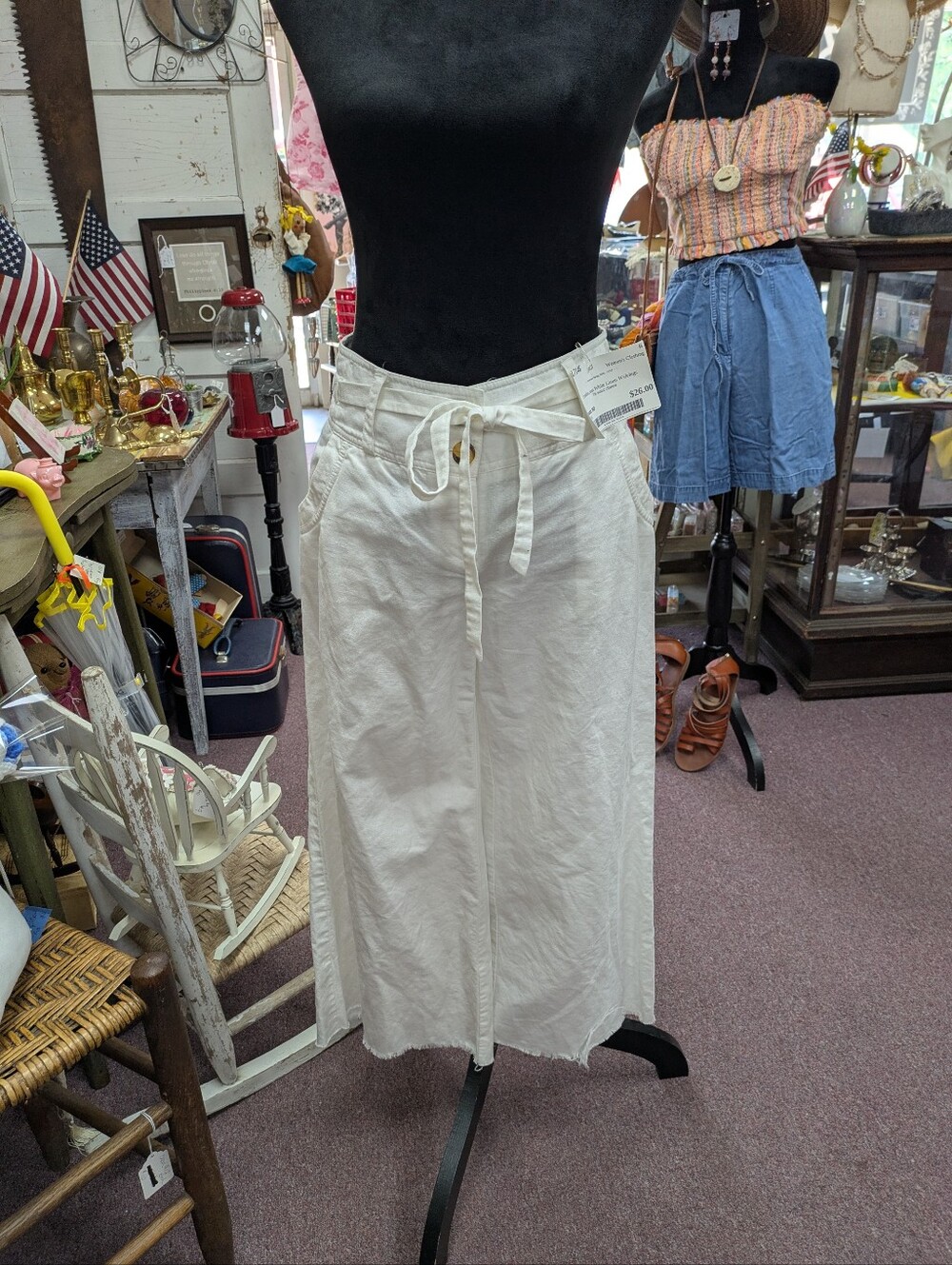 London Fog White Linen Midi wide Leg Chinos with Tie Waist